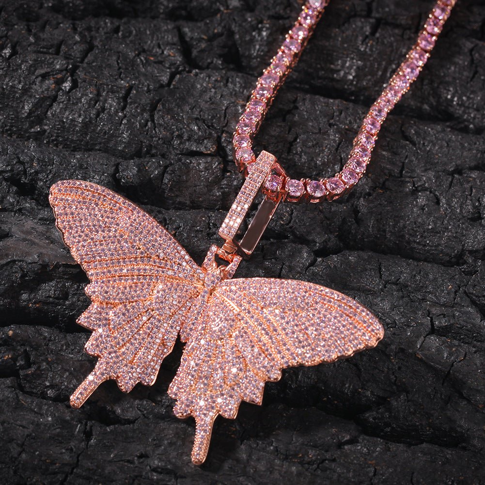 Woowooh Hip Hop Butterfly Pendant with Cuban & Tennis Chain in Pink