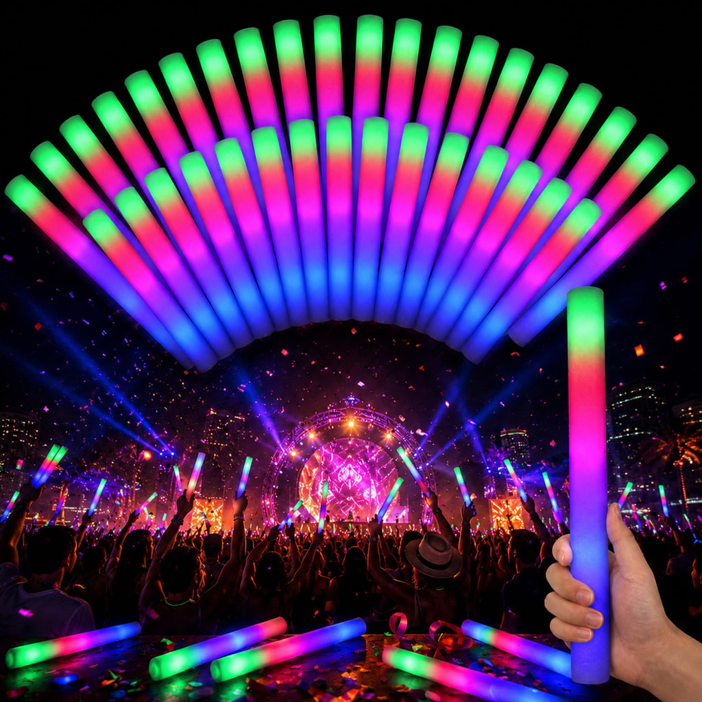100PCS LED Glow Sticks Bulk, Giant Foam Light Up Sticks with 3 Modes Colorful Flashing, Glow in The Dark Party Supplies Neon Party Favors for Wedding Birthday Halloween Christmas