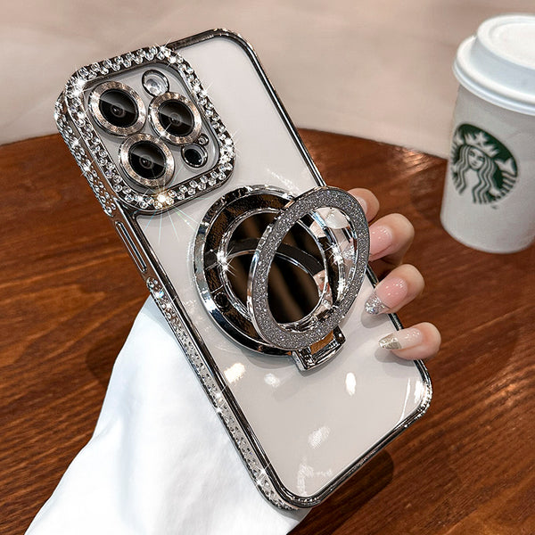 iPhone Case with Glitter Mirror and Rhinestone Border