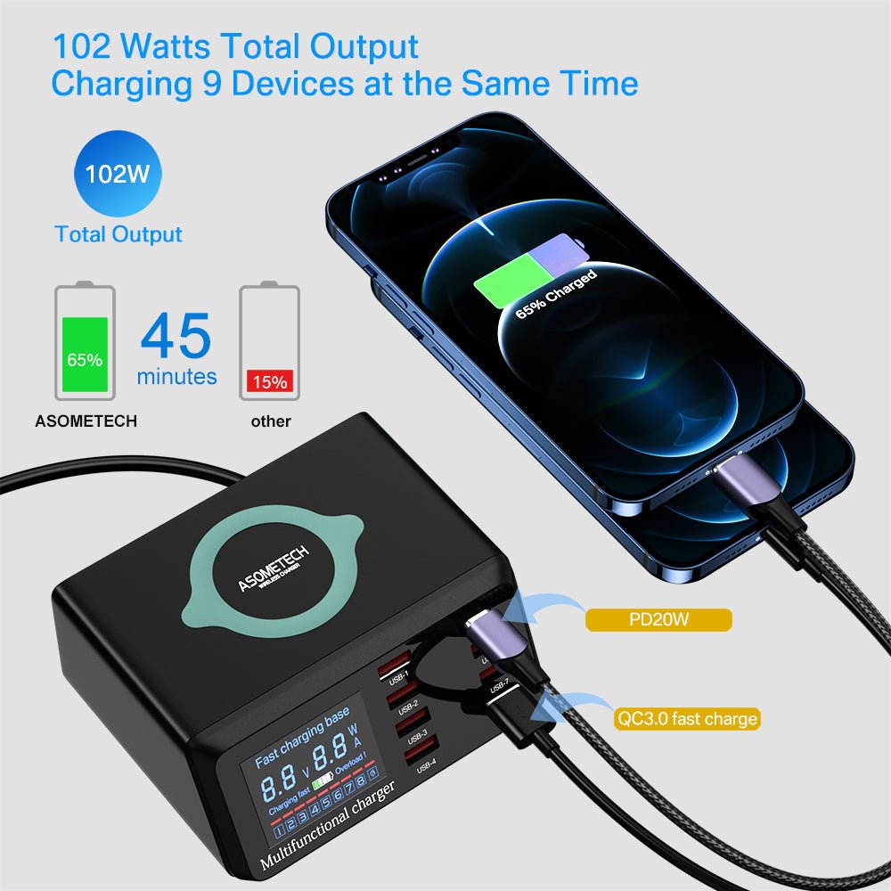 Woowooh 100W 8 Ports USB Charging Station with Wireless Charger