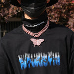 Woowooh Hip Hop Butterfly Pendant with Cuban & Tennis Chain in Pink
