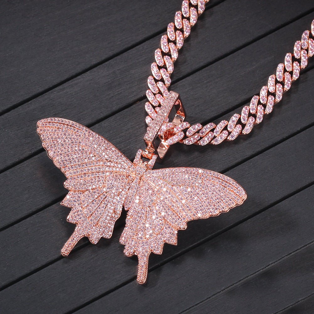 Woowooh Hip Hop Butterfly Pendant with Cuban & Tennis Chain in Pink