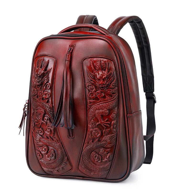 china mens leather backpack Woowooh Punk Style 3D Embossed Double Chinese Dragon Backpack